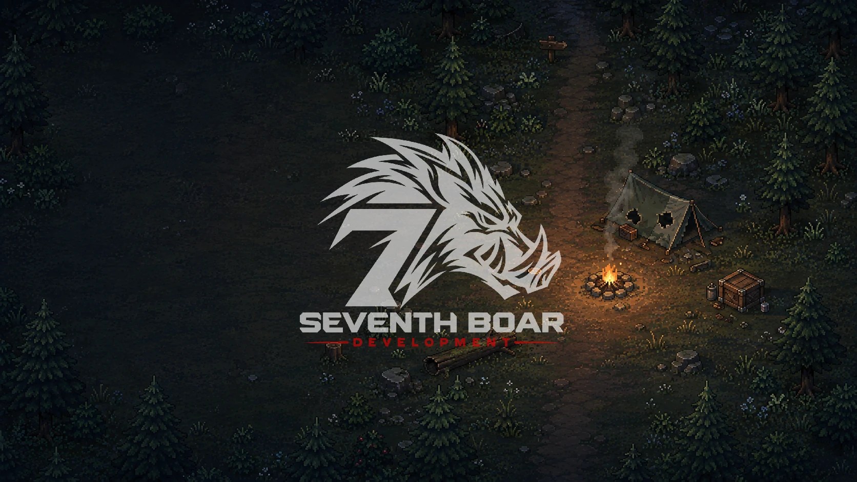 Seventh Boar Development: a campfire in a dark pixel-art forest